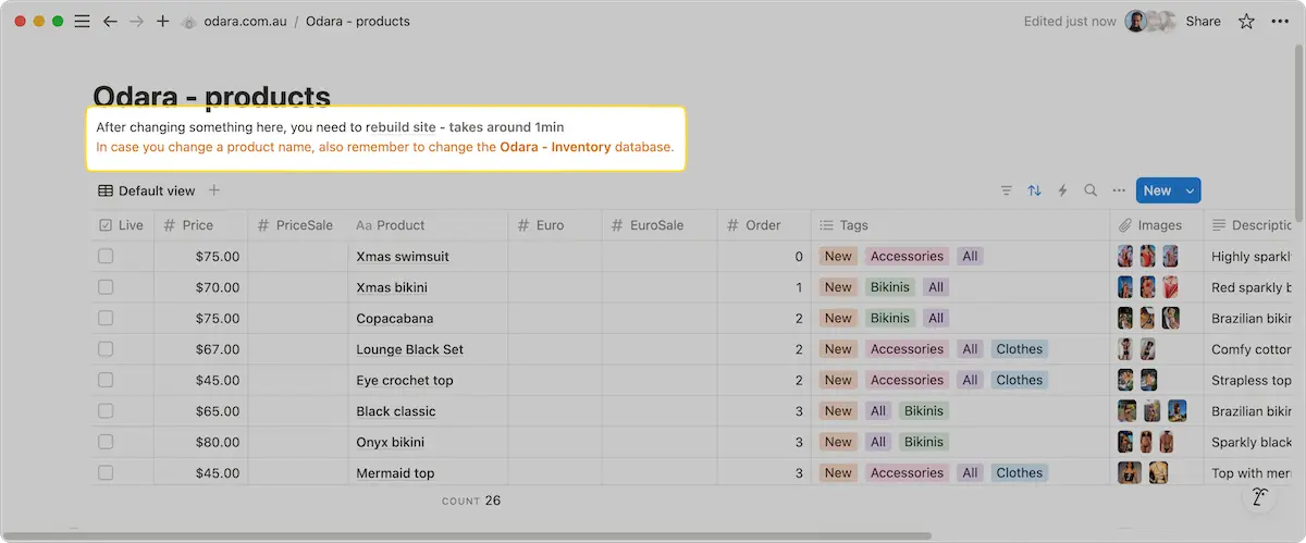 Notion products management for odara.com.au